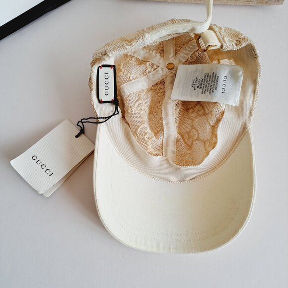 New Gucci Embroidered Mesh GG Monogram Cream Ivory Baseball Cap Size M main image 8